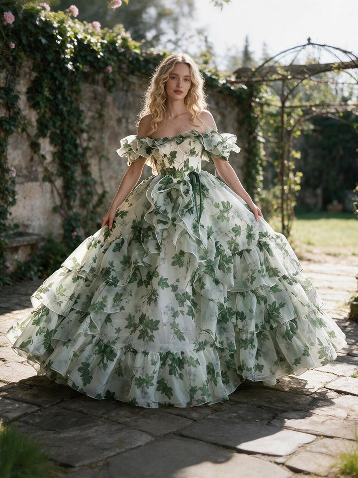 Leaf Print Off-Shoulder Ruffle Puff Sleeve Princess Dress YM260904