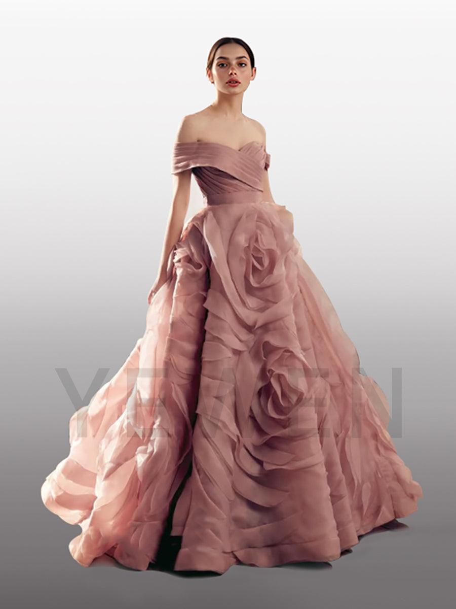 Dubai Megenta Off  Shoulder Evening Dresses Organza A Line Formal Occasion Dress