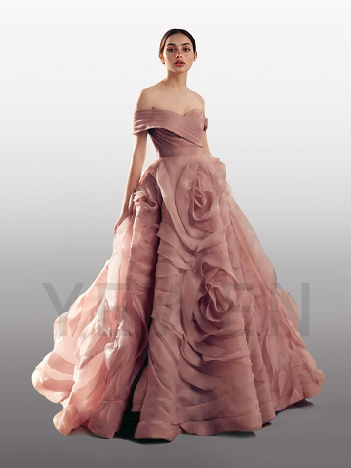 Dubai Megenta Off  Shoulder Evening Dresses Organza A Line Formal Occasion Dress