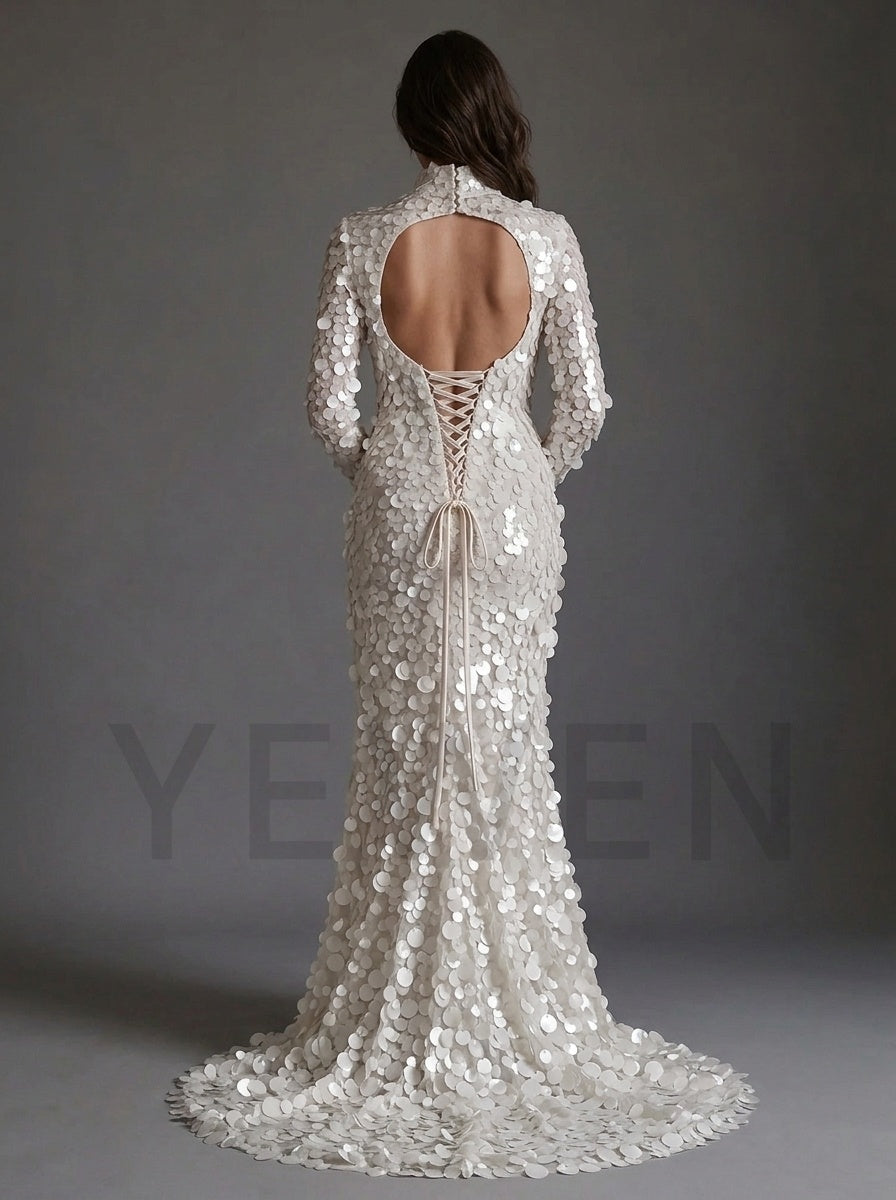 High Neck Long Sleeve Cutout Sequin Maternity Photoshoot Gown YD261019