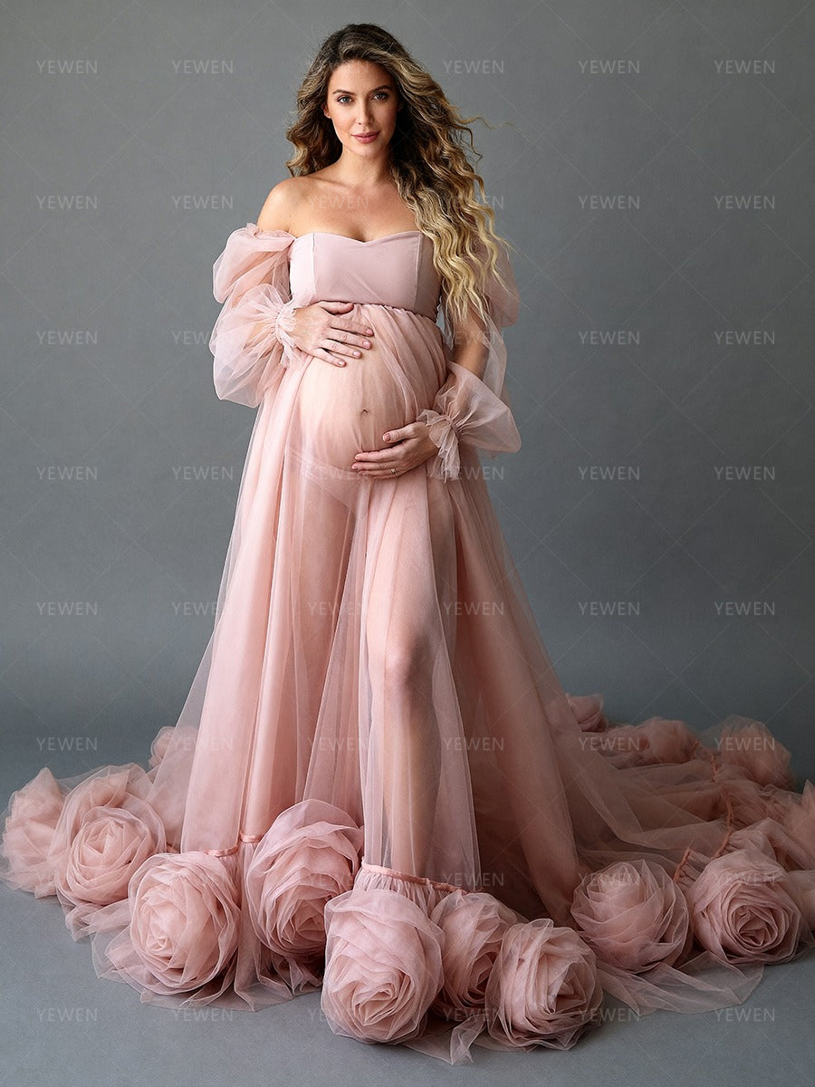 Tulle Maternity Photoshoot Gown Pregnancy Dress for Photoshoot with 3D flowers