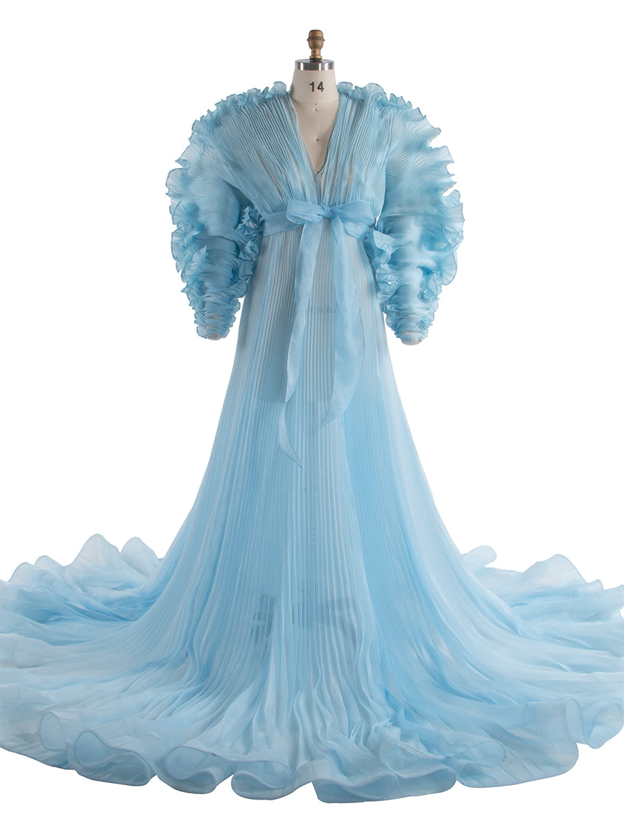V Neck Pleated Organza Maternity Dresses for Photoshoot Big Skirt Sheer Dress for Maternity Baby Shower 22W-24W / Baby Pink
