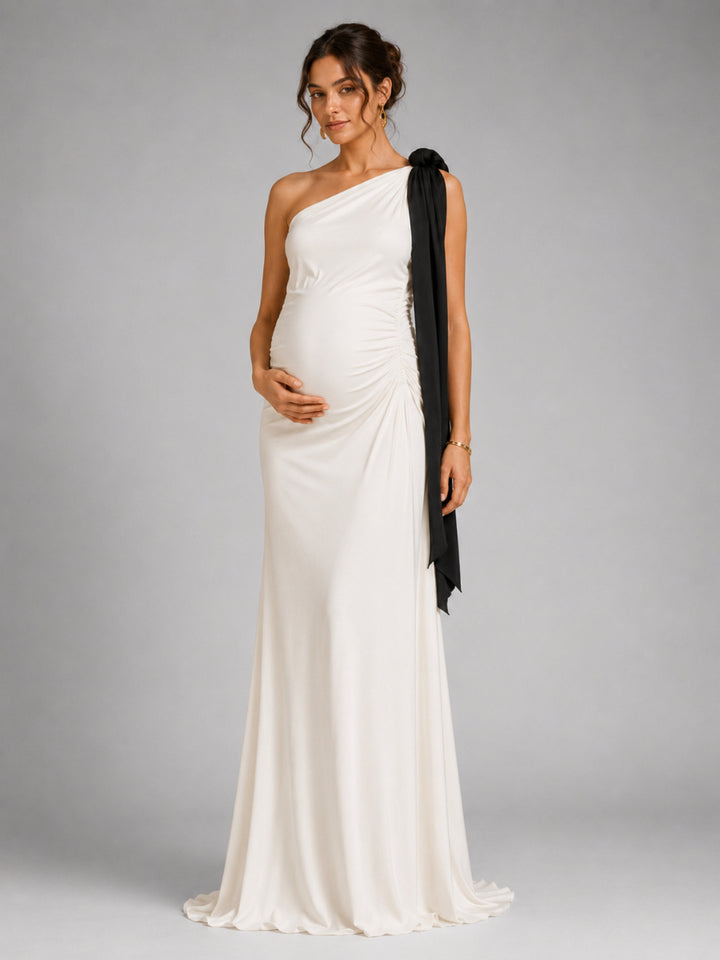 Ivory One-Shoulder Black Draped Sash Maternity Baby Shower Dress L-26930