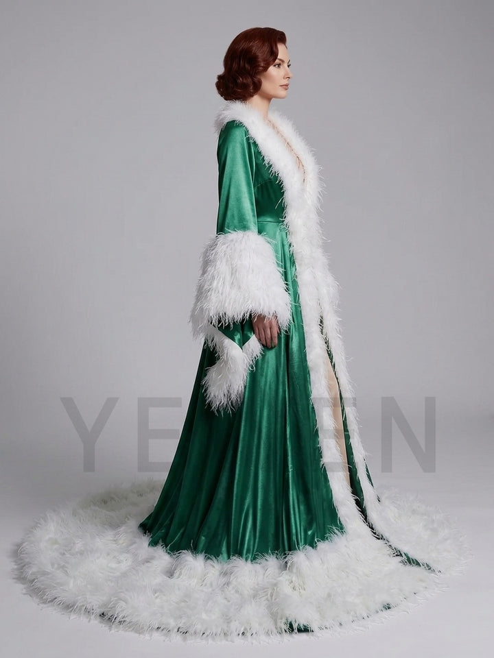 Velvet Ostrich Feather Christmas Robe Long Sleeve Open Front YW243135