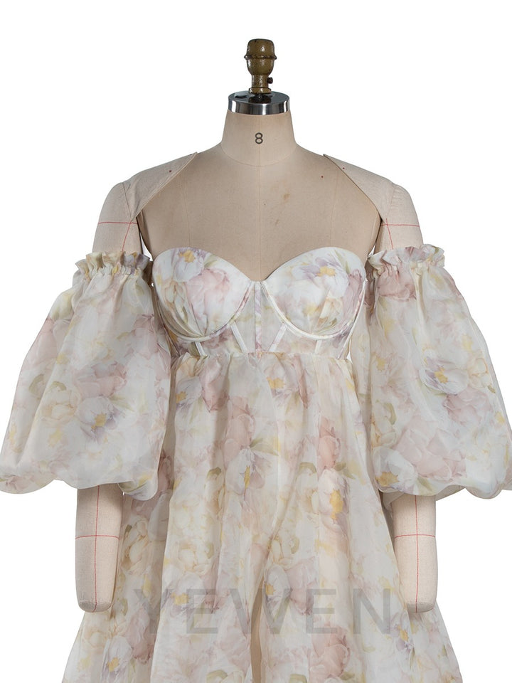 High Waist Printed Floral Organza Dresses for Baby Shower Maternity Gown for Photo Shoot  YW221105-3