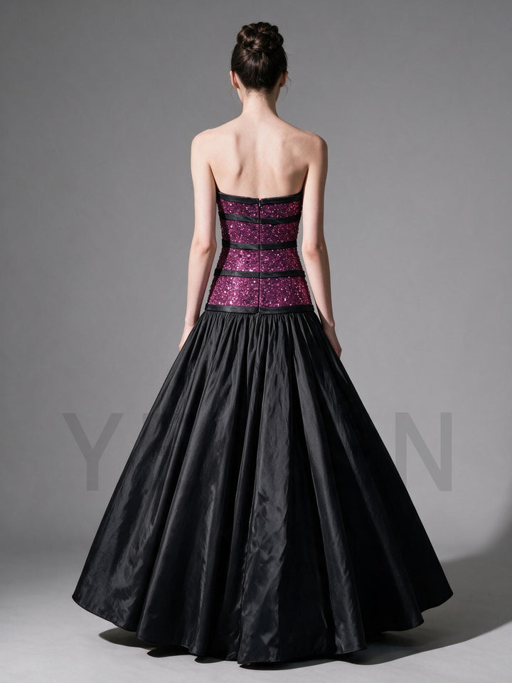 Strapless Sequin Bodice Evening Gown with Black Pleated Skirt YS001