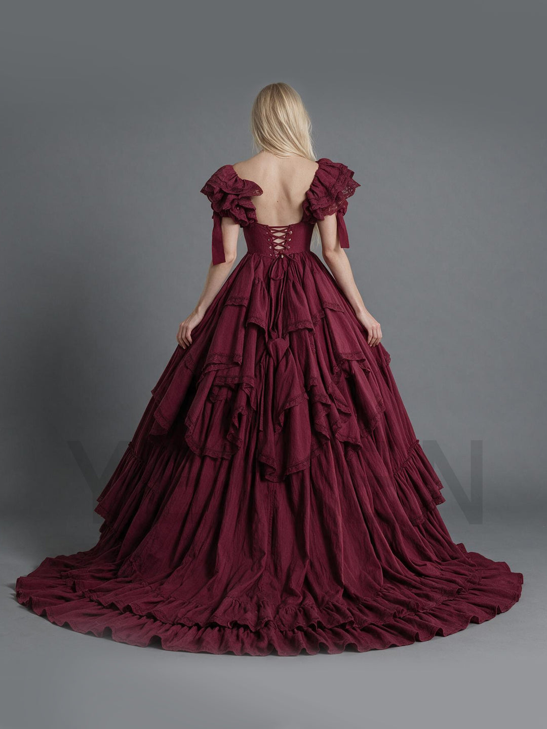 Burgundy Off-Shoulder Ruffled Corset Tiered Christmas Dress YW2610096
