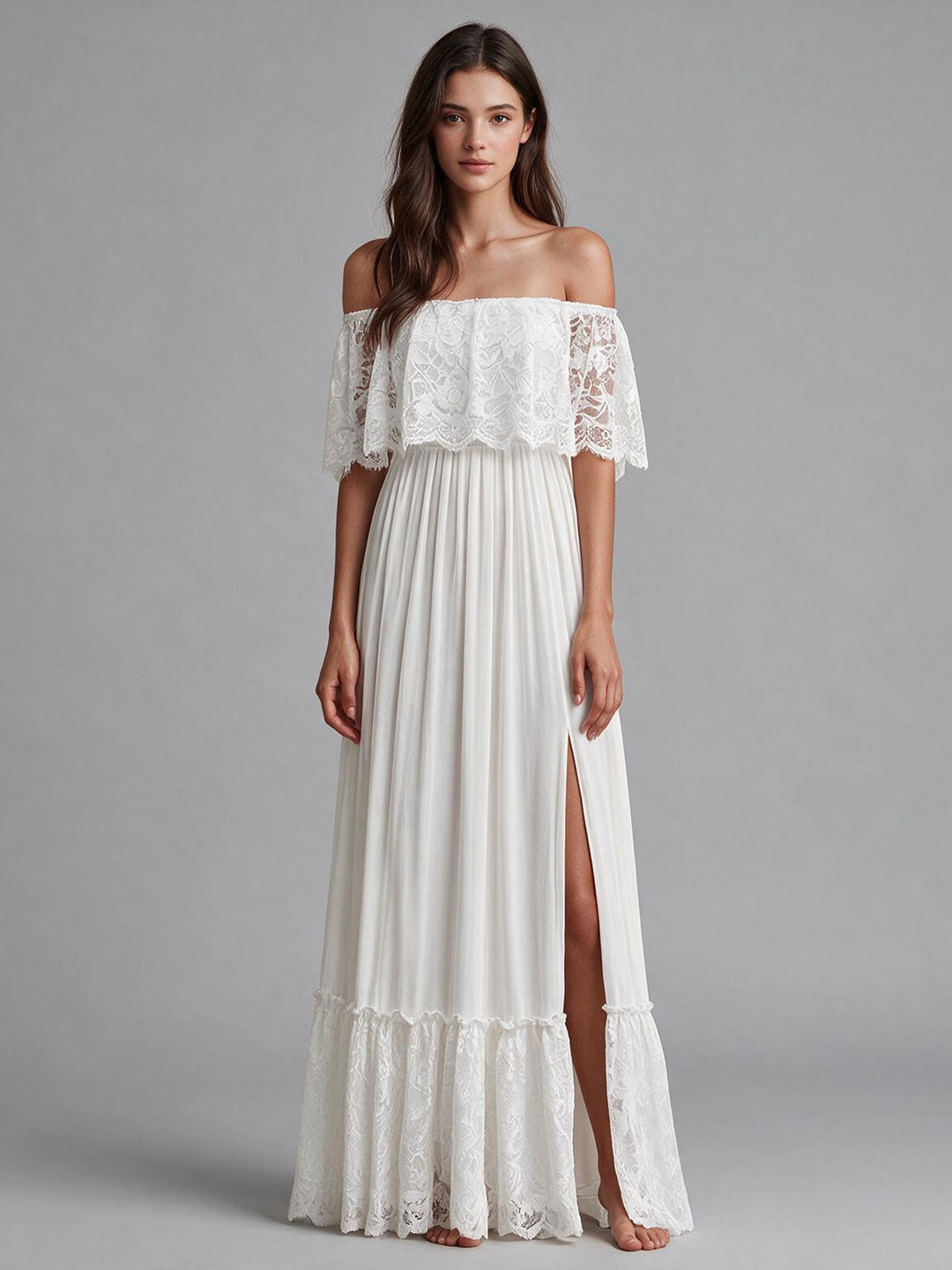 Ivory Off-Shoulder Ruffle Lace Pleated Boho Wedding Dress