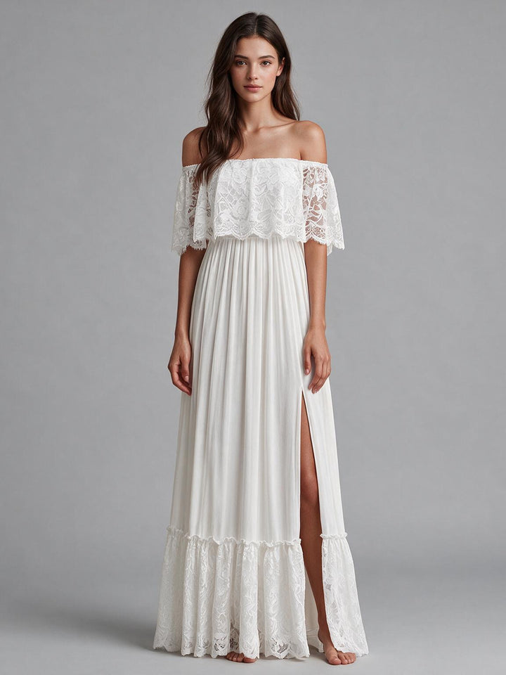 Ivory Off-Shoulder Ruffle Lace Pleated Boho Wedding Dress