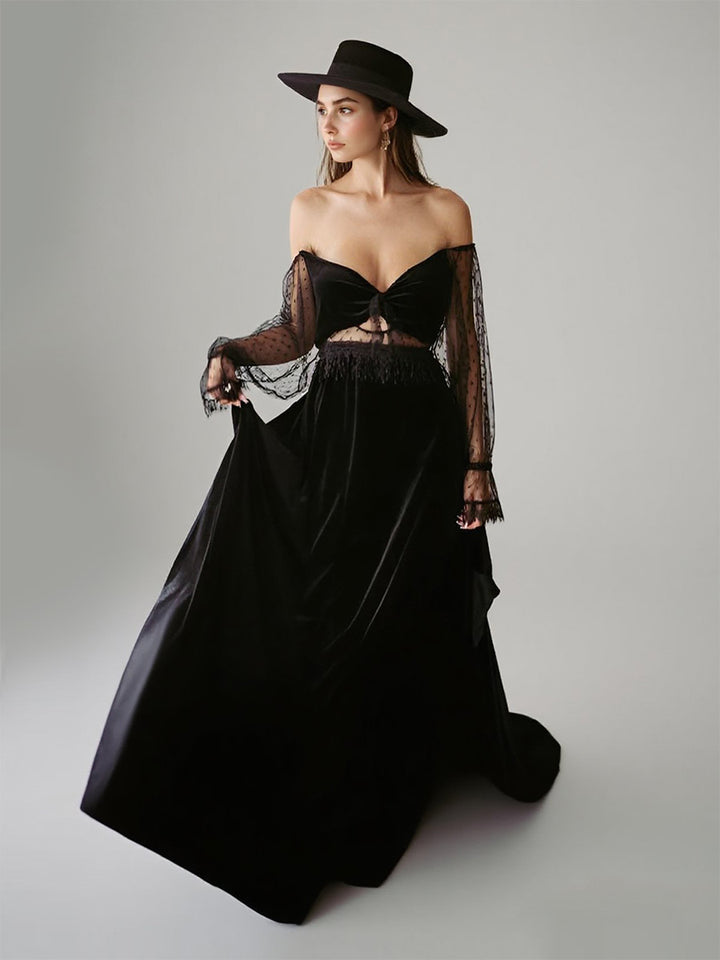 2 Piece Set Boho Black Velvet Dress for Photo Shoot Photography Magical Dresses for Special Moments