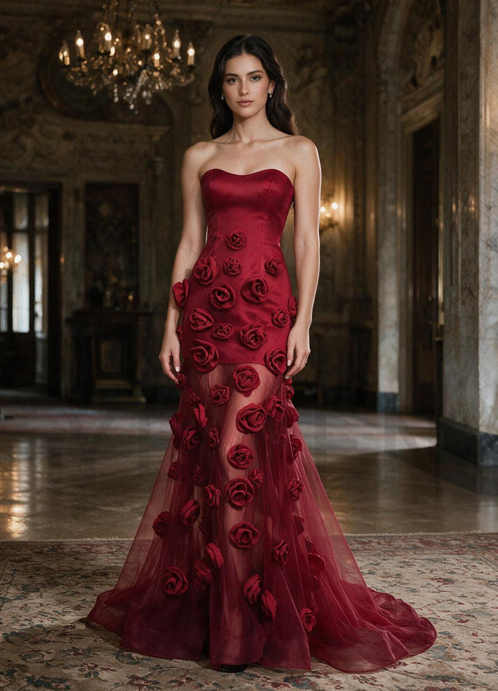 Strapless Satin 3D Handmade Rose Evening Gown with Sheer Train YX003