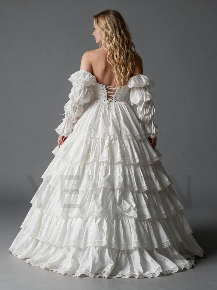 White Vintage Lantern Sleeve Tiered Ruffle Princess Dress YW2610149