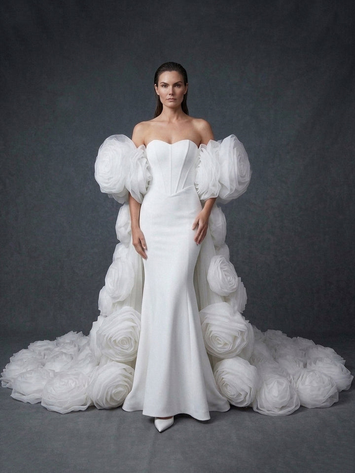 Ivory Strapless Mermaid 3D Floral Wedding Dress with Cape YD261020