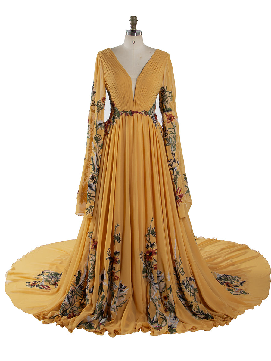 Embroidered Wedding Dress Colorful Floral Lace Texture Pleated Crepe Chiffon Wedding Gown YE2532