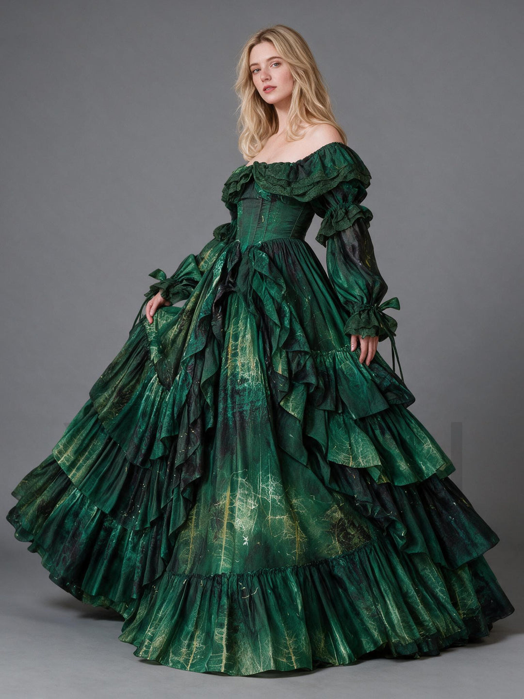 Vintage Print Off-Shoulder Lantern Sleeve Princess Dress YW2610167