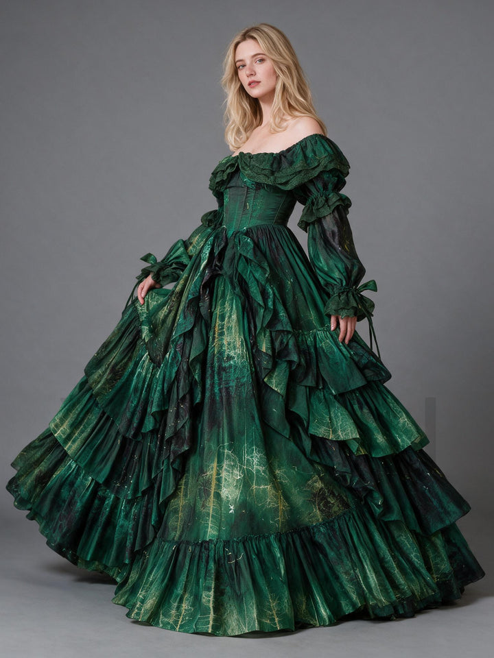 Vintage Print Off-Shoulder Lantern Sleeve Princess Dress YW2610167