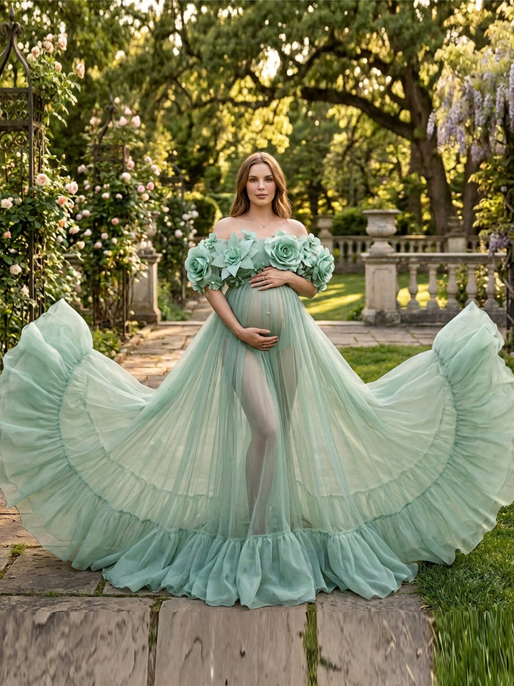 Off-Shoulder 3D Floral Sheer Maternity Photoshoot Gown YD260905