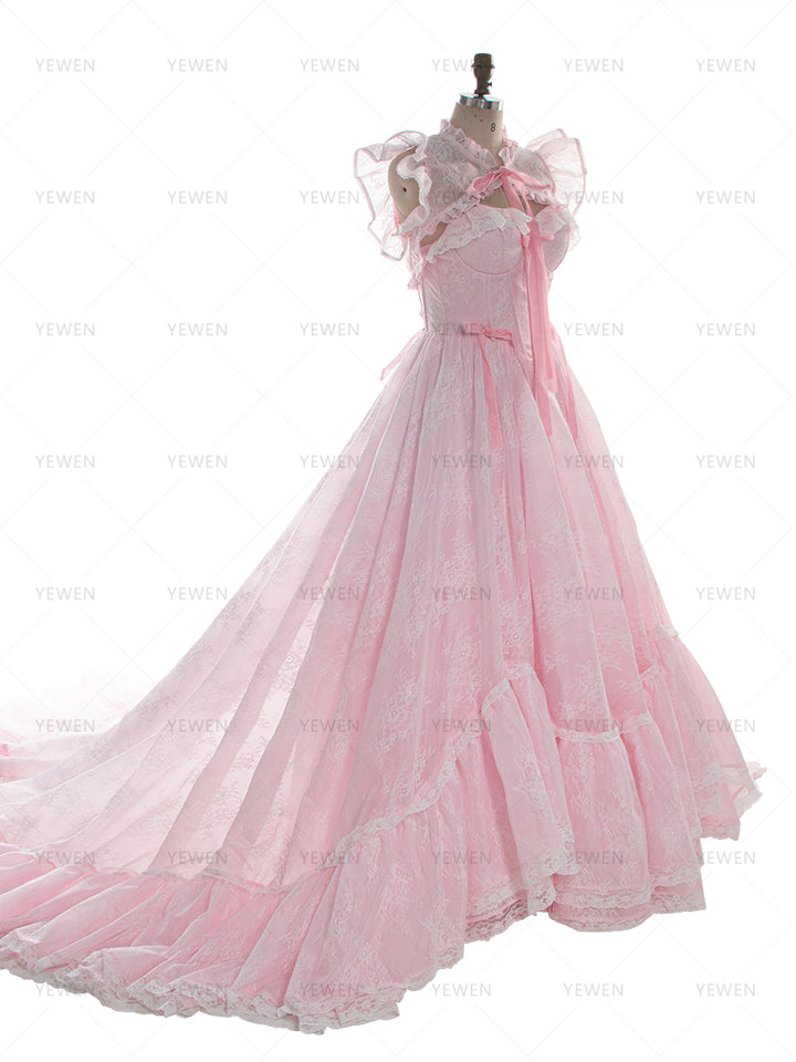 Pink Lace Princess Dress with Adjustable Train Elegant Fairytale Ball Gown YW260240