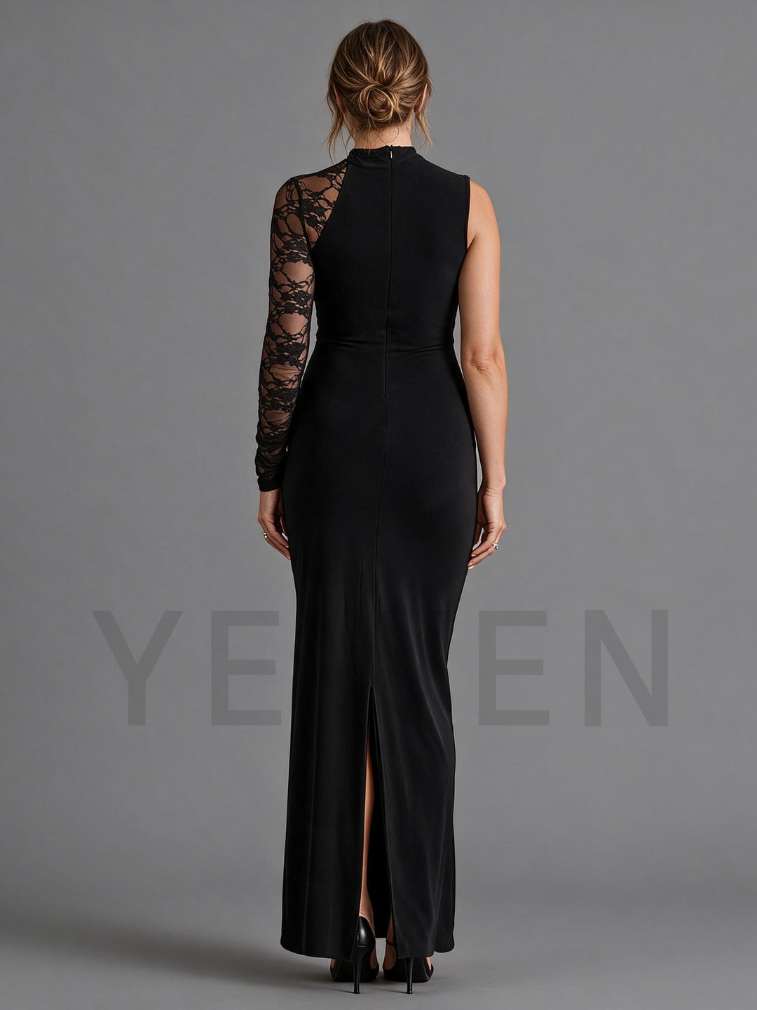 Elegant High-Neck Asymmetric Lace Sleeve Maternity Gown for Baby Shower