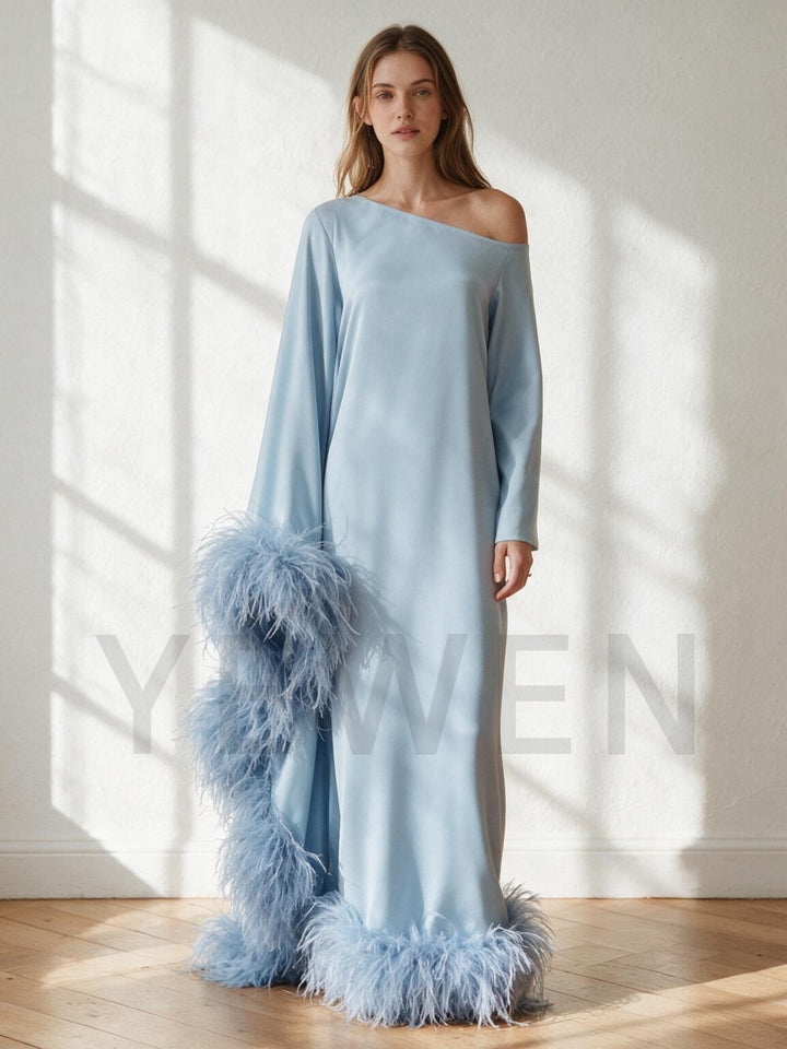 One-Shoulder Ostrich Feather Poncho Drape Satin Evening Gown YW2610066