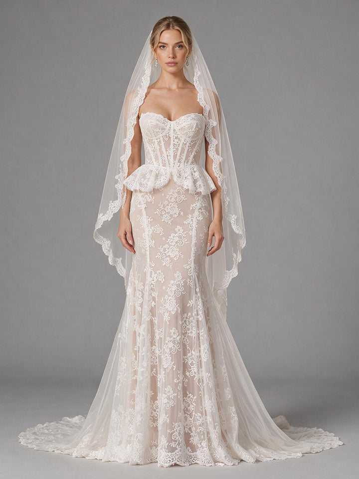 Ivory Sweetheart Corset Peplum Lace Mermaid Wedding Dress (without Veil)