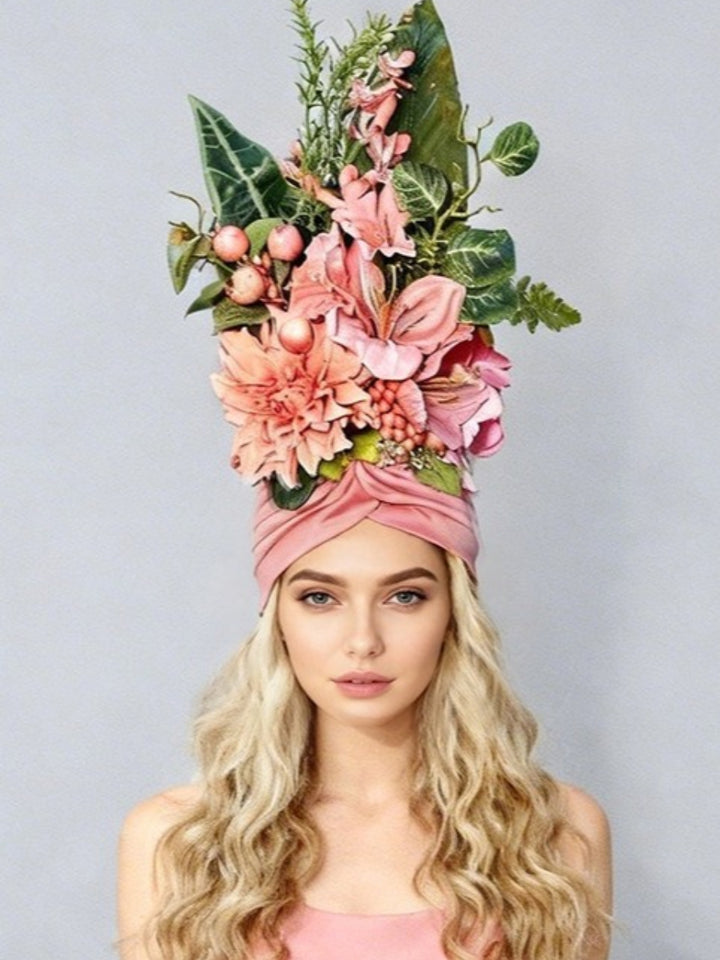 Pink Floral Headwrap with Tropical Foliage Hair Accessories for Photoshoot and Event Headpiece Bridal Headdress YW2603141D