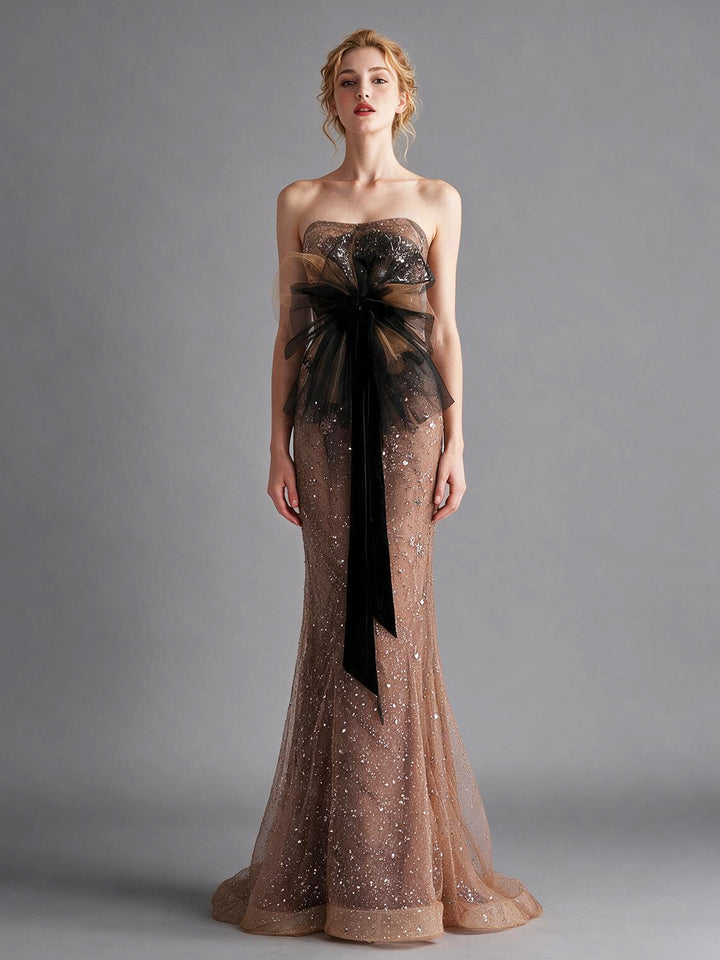Glitter Sequin Tulle Strapless Evening Gown with Black Bow YX0010
