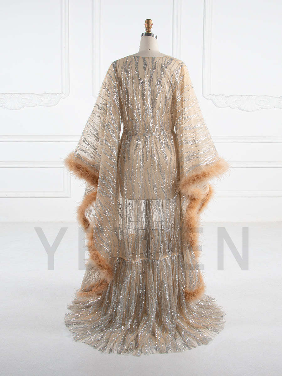 Maternity Robe for Photoshoot with Feathers Trim Glitter Sequin Pregnancy Dress for Baby Shower Fancy Photoshoot Props YW250044