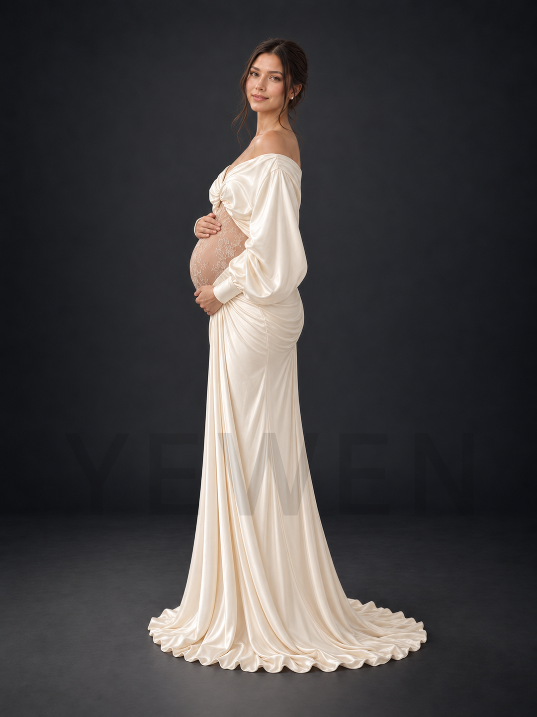 Off-Shoulder Sheer Lace Belly Maternity Photoshoot Gown HY269006