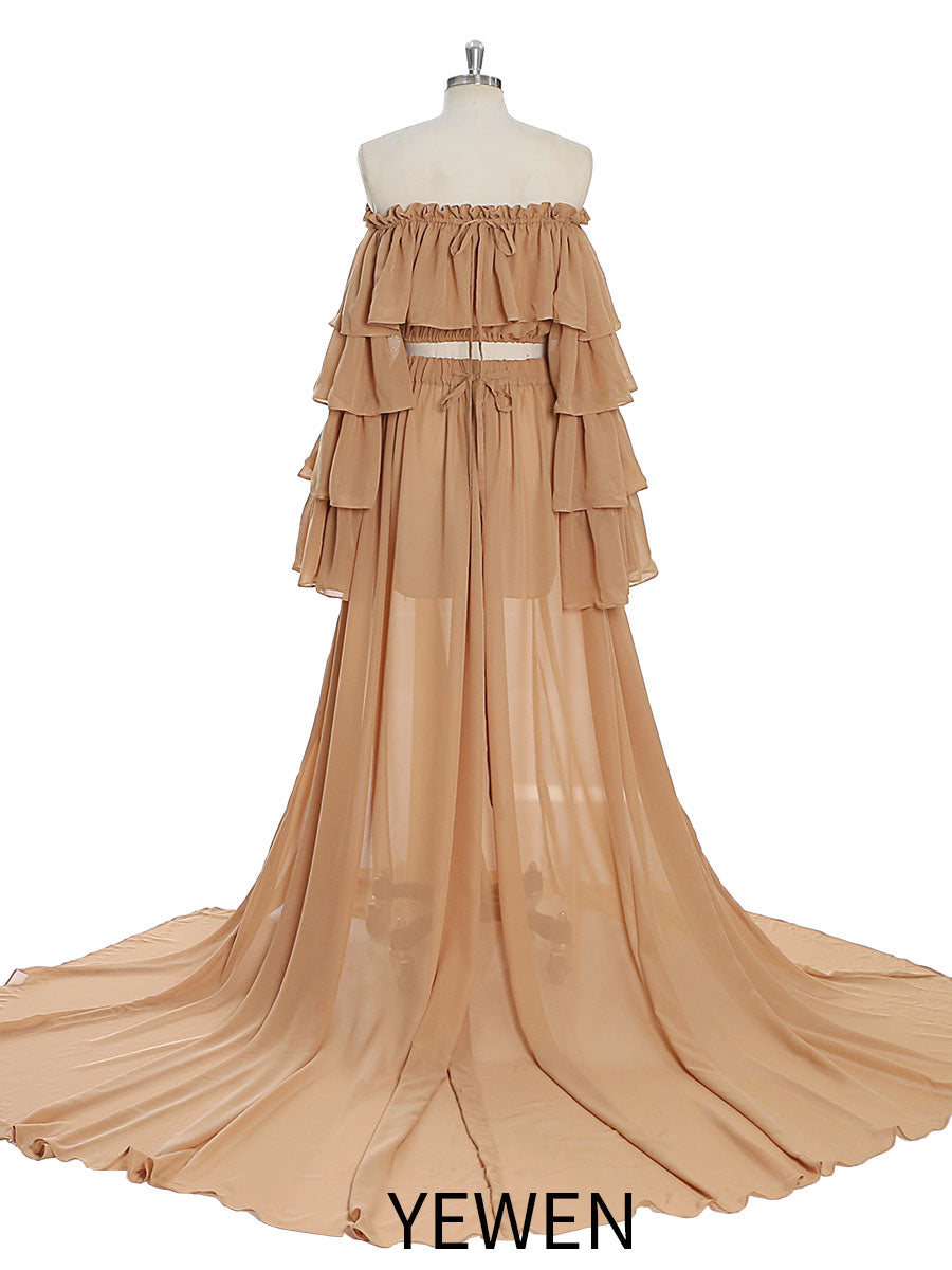 Chiffon Tan Color 2 Pieces Set Maternity Gown Photography Dress YW231 16W / Custom Color Chiffon Tan Color 2 Pieces Set Maternity Gown Photography Dress YW231 16W / Custom Color