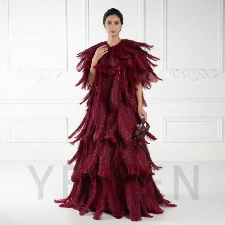 Luxury Burgundy Ostrich Feather Maternity Robe for Photoshoot YW250017