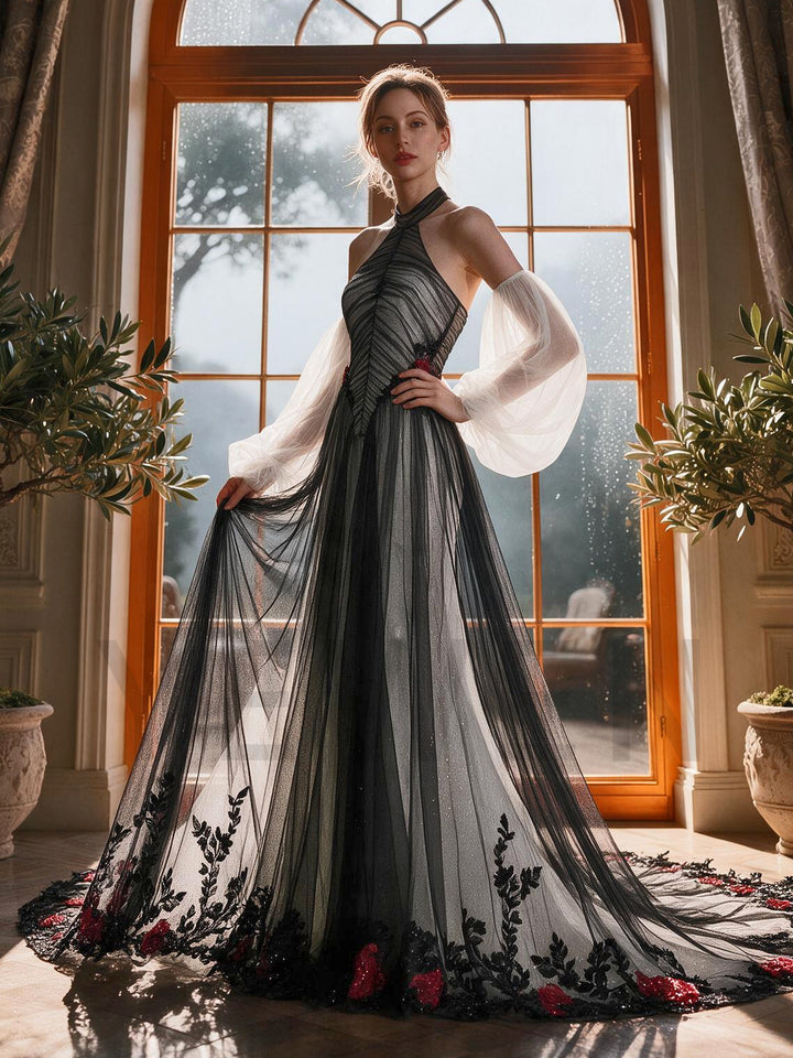 Halter Sheer Mesh Floral Evening Gown with White Tulle Sleeves YX26102