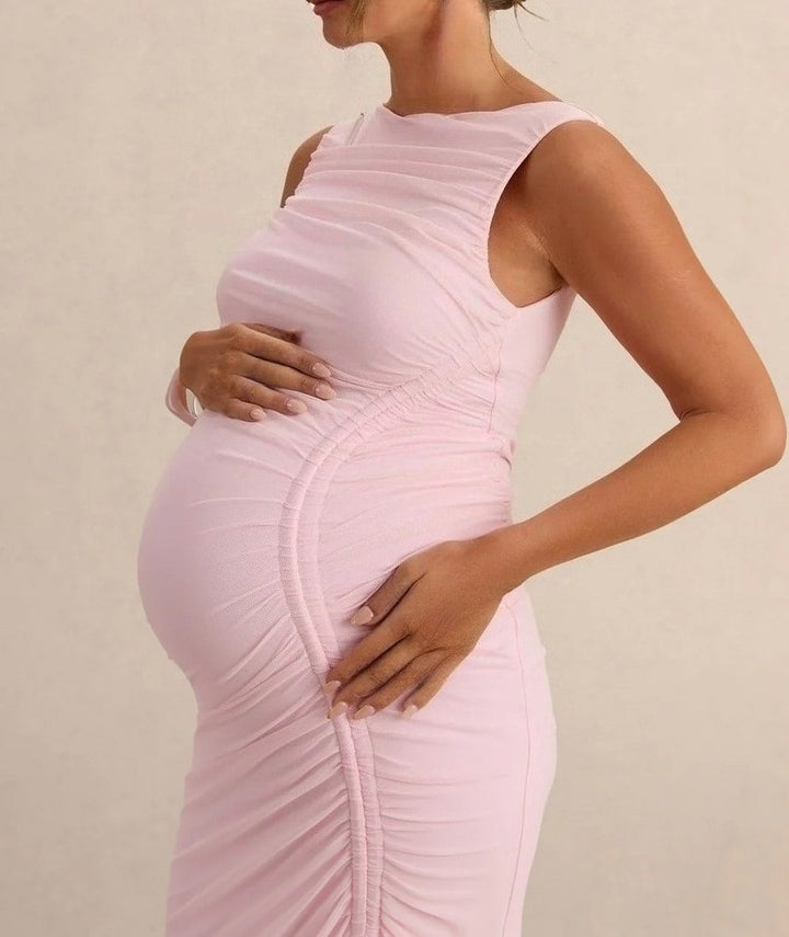 Baby Pink Sleeveless Ruched Side Slit Maternity Dress for Baby Shower