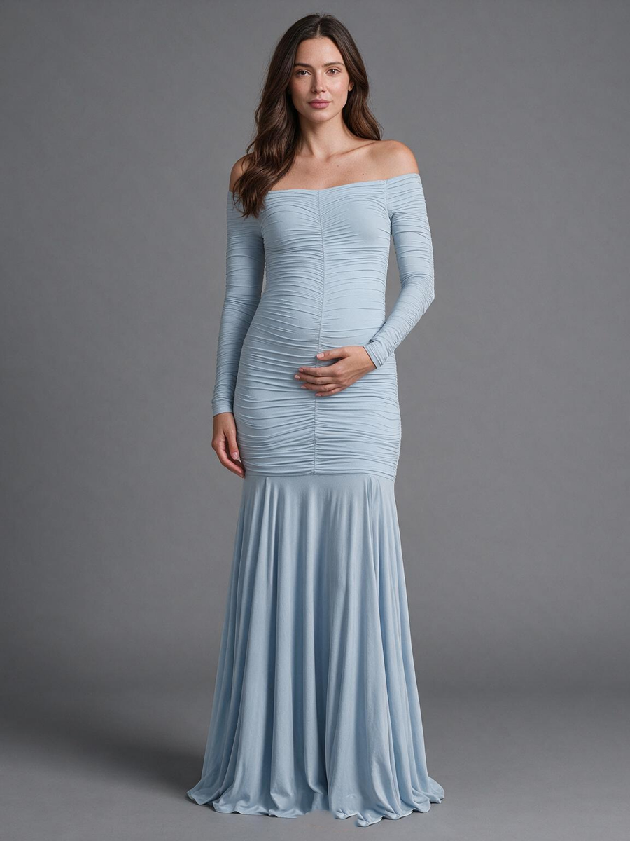 Off-Shoulder Long Sleeve Ruched Mermaid Maternity Baby Shower Dress