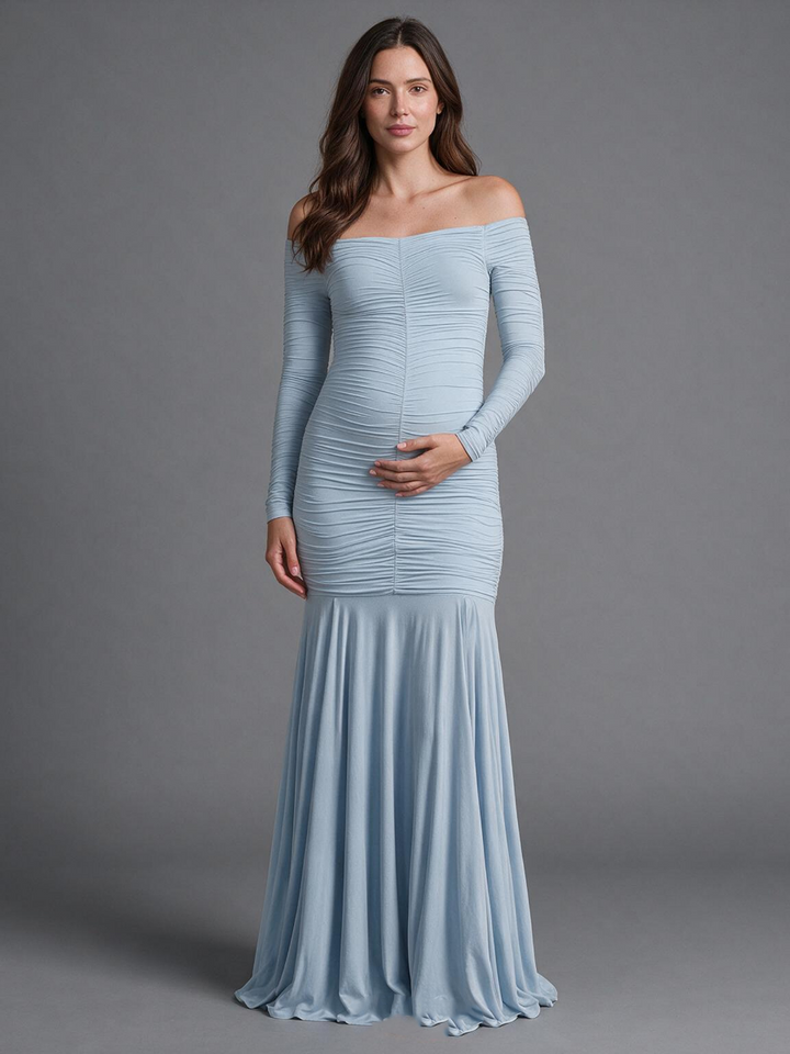 Off-Shoulder Long Sleeve Ruched Mermaid Maternity Baby Shower Dress