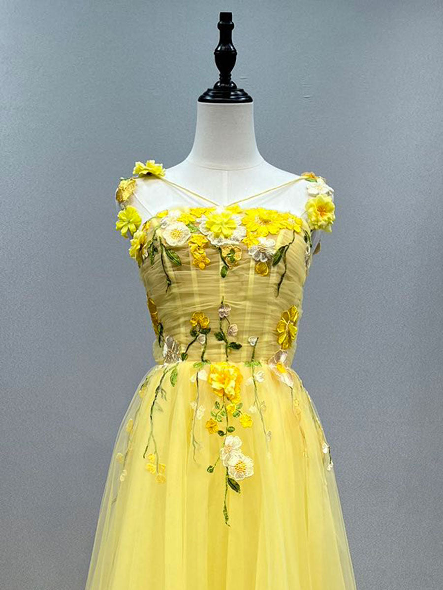 Yellow Prom Gown with Floral Lace Appliqu Fairy Girls Party Dresses YE3028 Yellow Prom Gown with Floral Lace Appliqu Fairy Girls Party Dresses YE3028