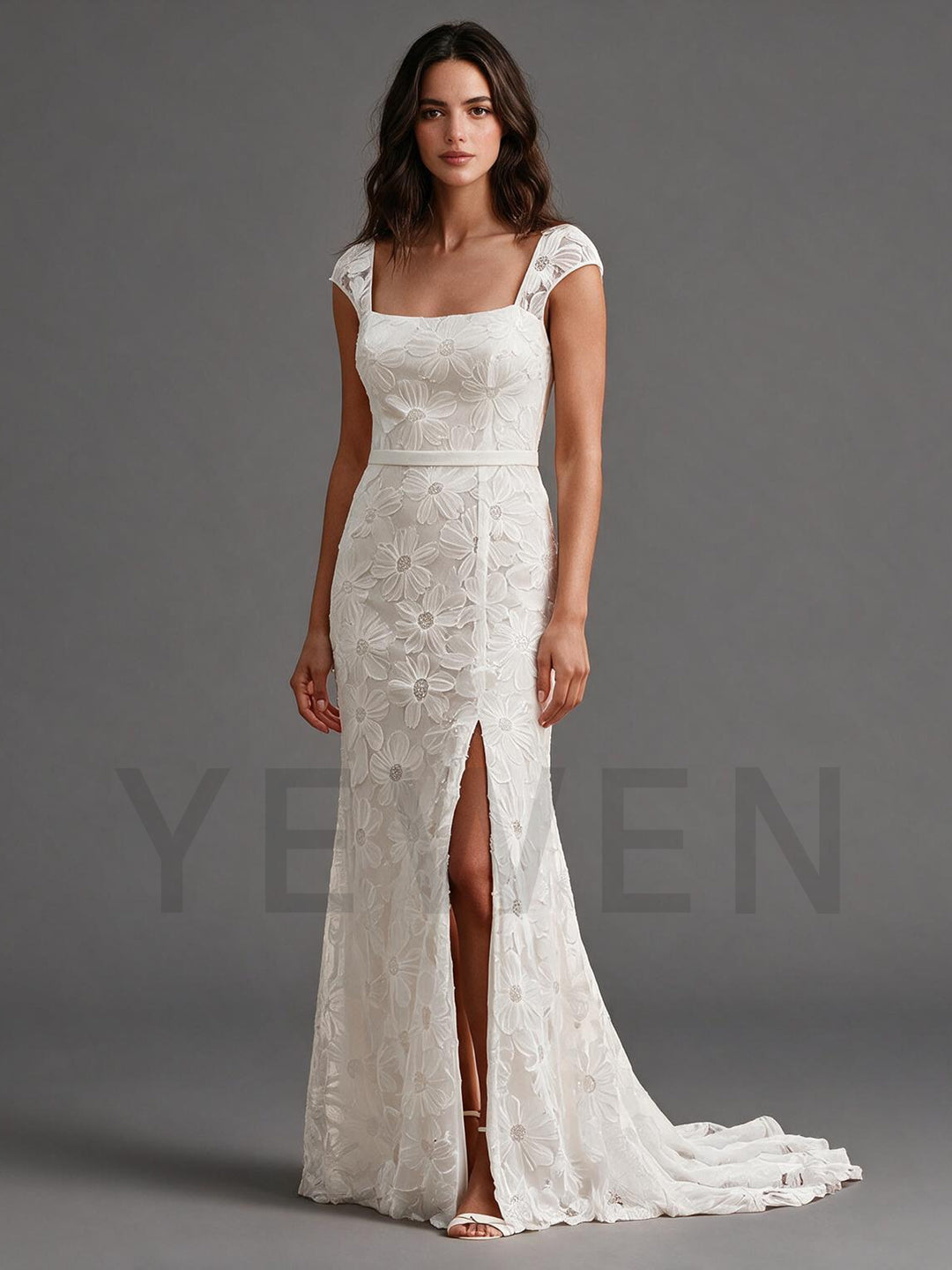 Ivory Cap Sleeve Lace Boho Wedding Dress with 3D Floral Embroidery