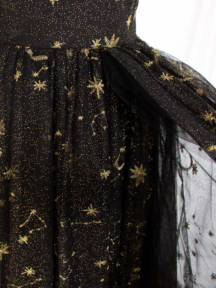 Black Tulle Embroidered Gold Stars Prom Dress High Leg Slit Party Gown W243137