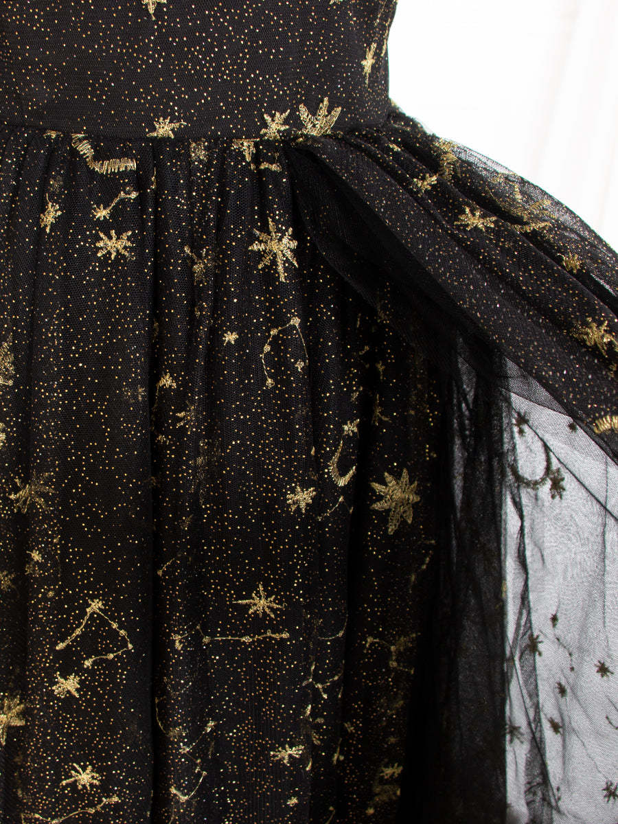Black Tulle Embroidered Gold Stars Prom Dress High Leg Slit Party Gown W243137 yewendress Black Tulle Embroidered Gold Stars Prom Dress High Leg Slit Party Gown W243137 yewendress