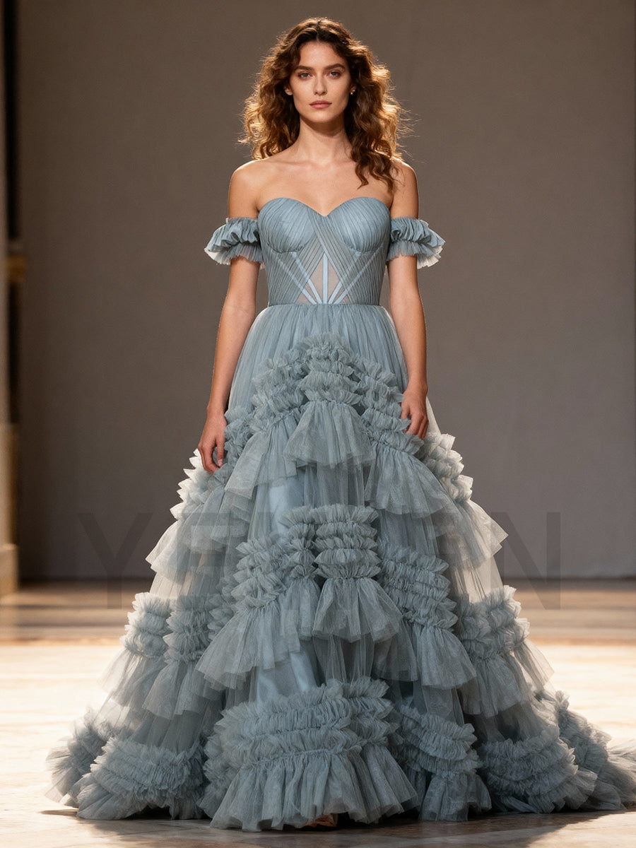 Elegant Sweetheart Tulle Gown Tiered Ruffles Evening Dress 2025