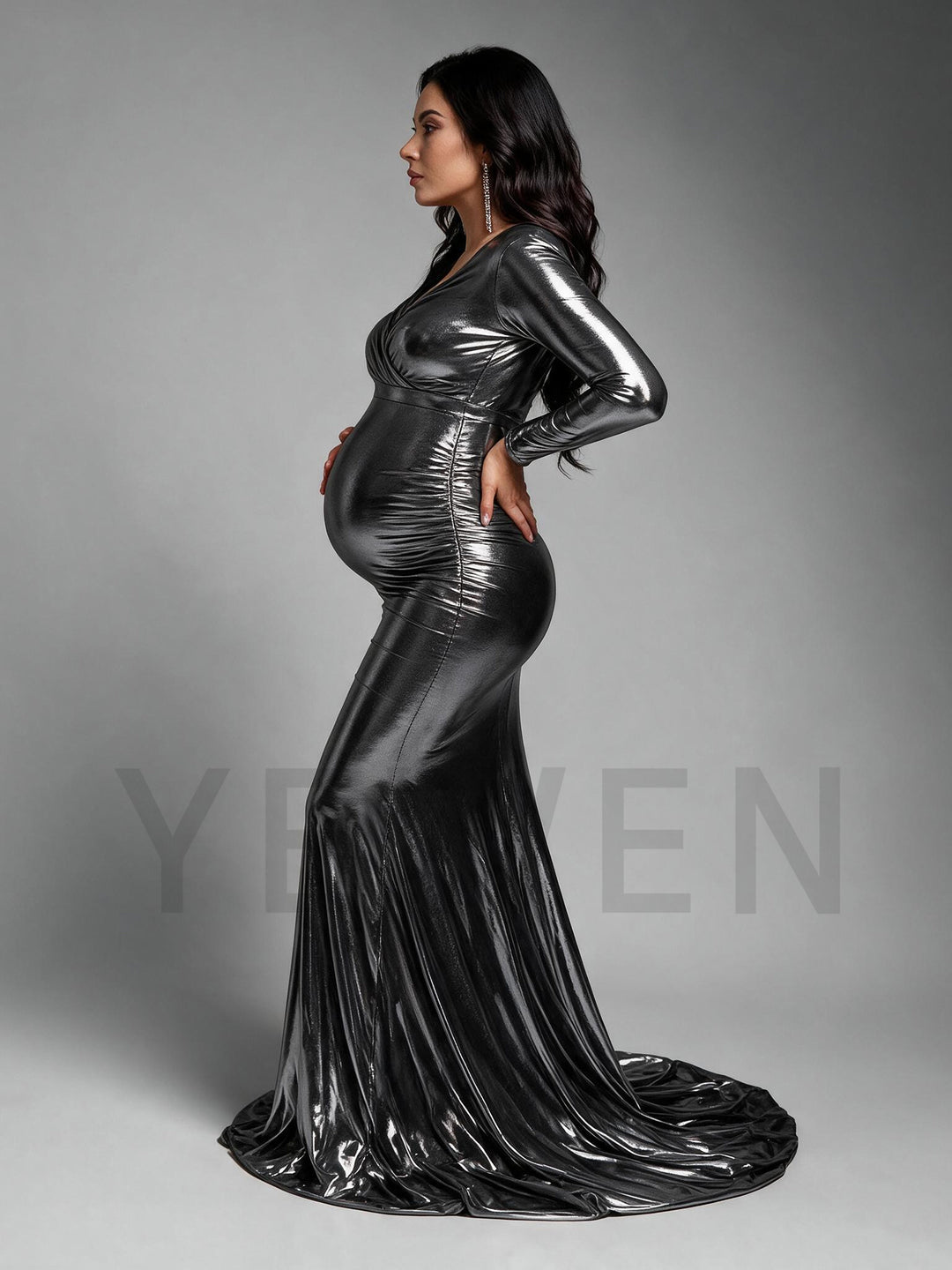 Silver Metallic Long Sleeve Mermaid Maternity Photoshoot Gown YW269304