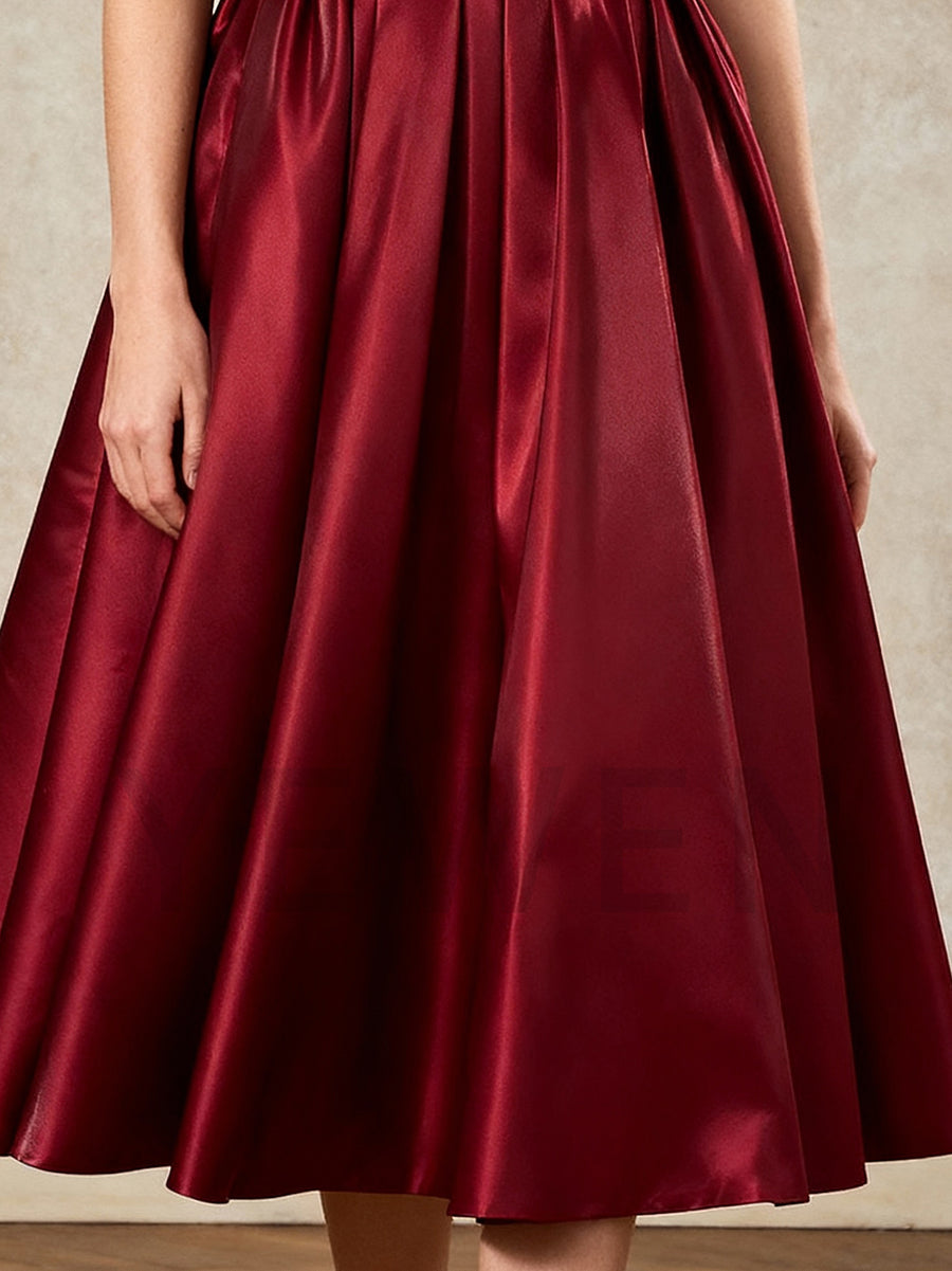 Strapless Burgundy Satin Evening Dress with Bow straps A Line Midi Prom Gown