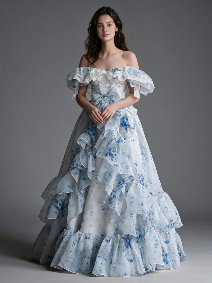Blue Floral Off-Shoulder Puff Sleeve Princess Dress YW2609295