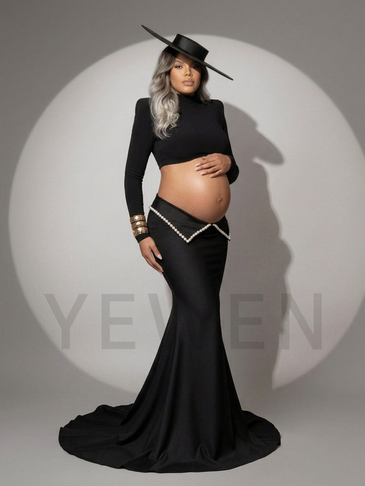 Two-Piece Mock Neck Pearl Trim Maternity Photoshoot Gown YD260931