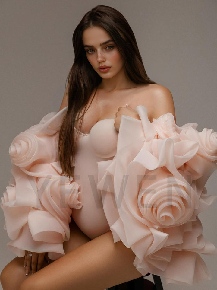 Maternity Organza 3D Flower Cape with Bodysuit Photoshoot Cape for Pregnant Women