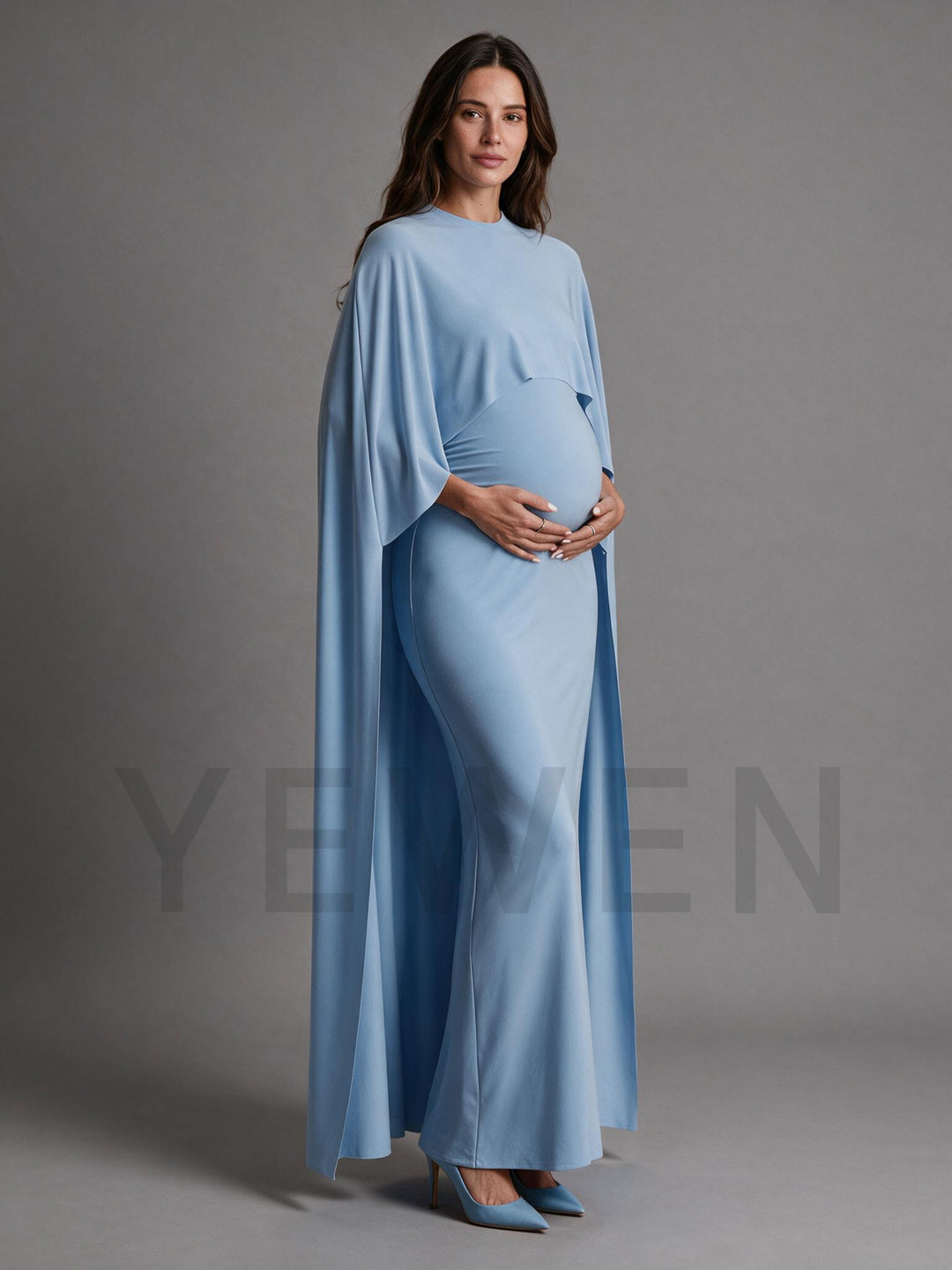Maternity Blue Maxi Gown Cape Dress Gender Reveal