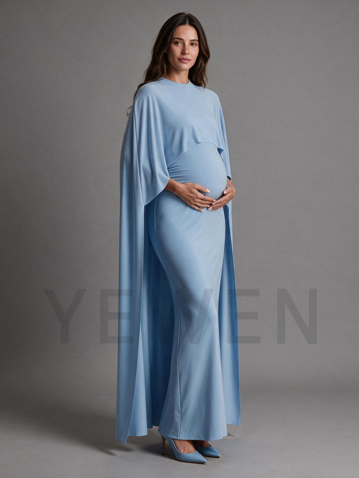 Maternity Blue Maxi Gown Cape Dress Gender Reveal