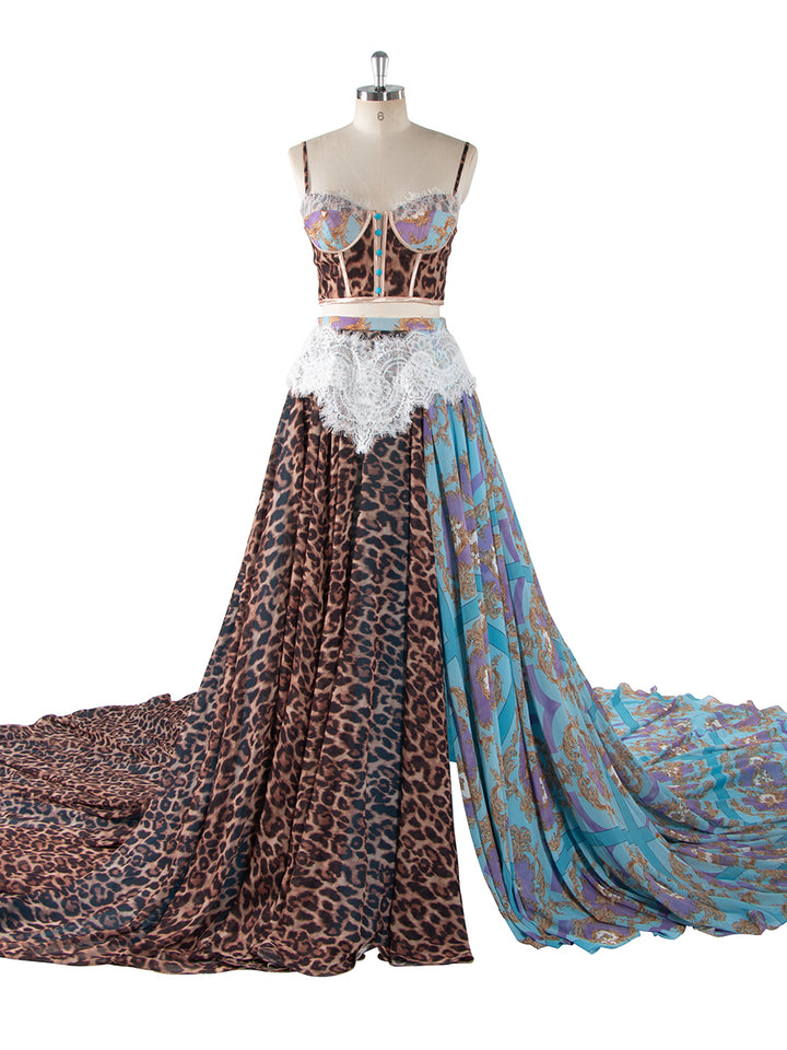 Exotic Leopard & Baroque Print Two-Piece Gown with Lace Detail and Flowing Train Photoshoot Outfit YW250066-1