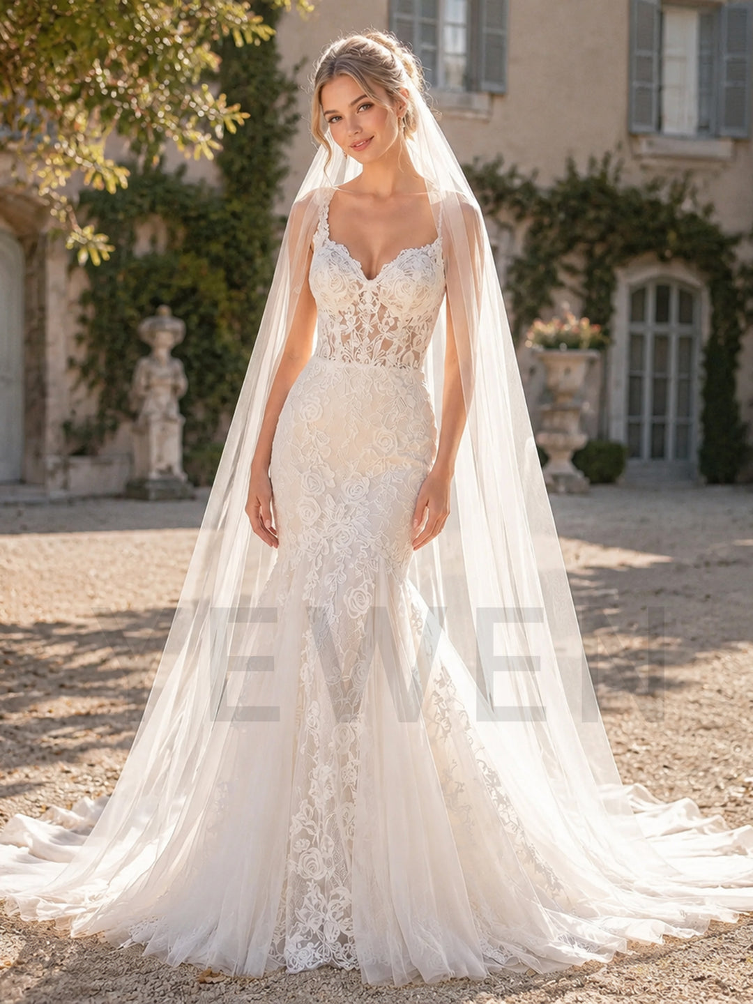 Ivory Spaghetti Strap Mermaid Floral Lace Wedding Dress (without Veil)