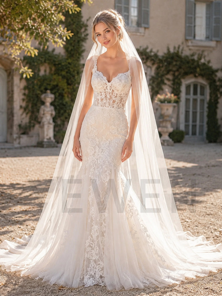 Ivory Spaghetti Strap Mermaid Floral Lace Wedding Dress (without Veil)